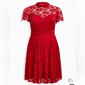 Torrid Mock Neck Fot and Flair Mini Dress - Lace Red NWT 18